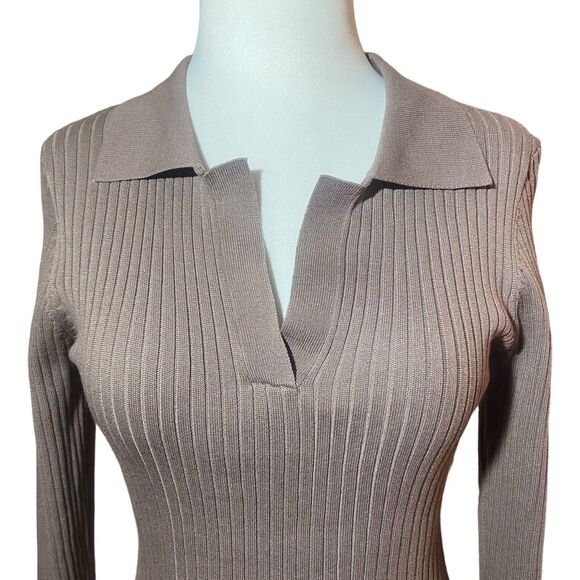 LOVE TREE Long Sleeve Ribbed Knit Mini Dress Size M Taupe V-Neck Stretch - Picture 2 of 7